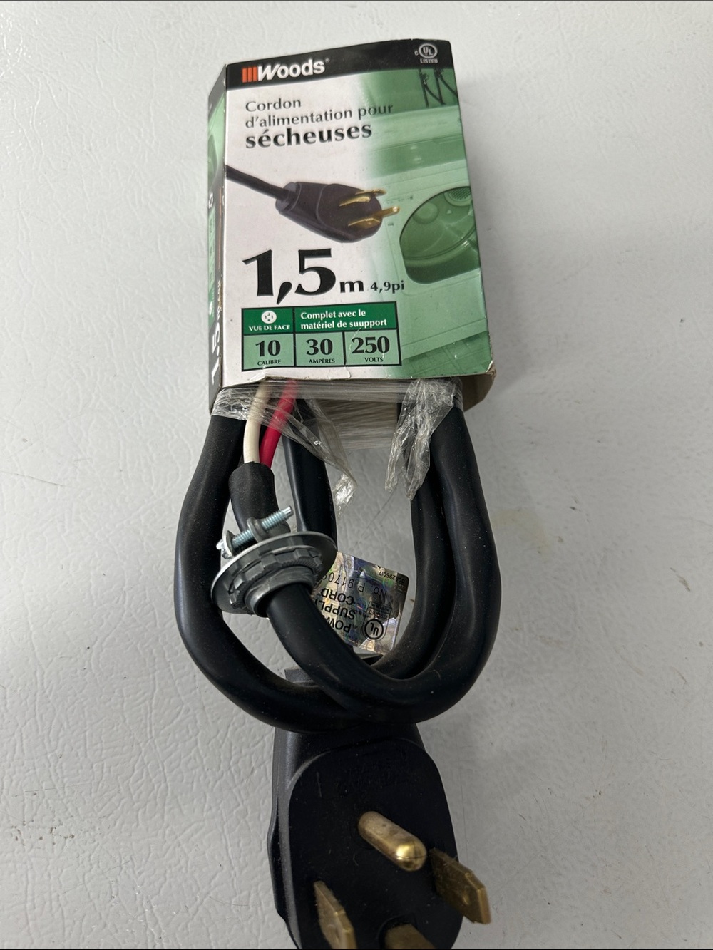 Woods 1.5 m Dryer Power Cord - Black with Red/White Wires